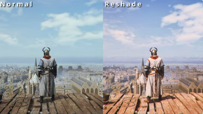 Split view of a scene before and after ReShade color grading