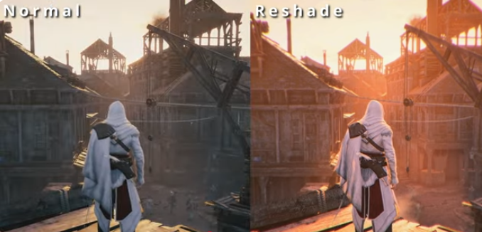 Harbor sunset comparison with warmer ReShade grading
