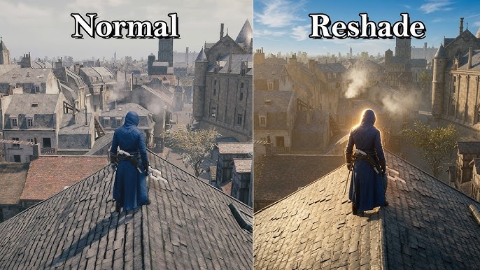 Rooftop city Normal versus ReShade bloom and contrast pass