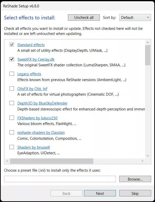 ReShade Setup window listing effect packages for install